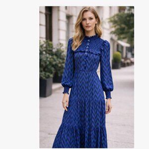Sonmer Blue Chevron Maxi Dress Medium Smocked Yoke Ruffles Modest Prairie
